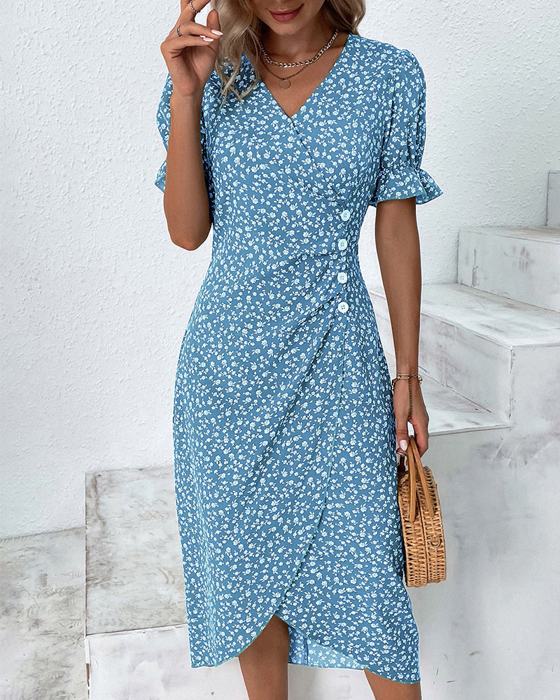 Women's Dress - Fresh Bloom V-Neck Dress in Green