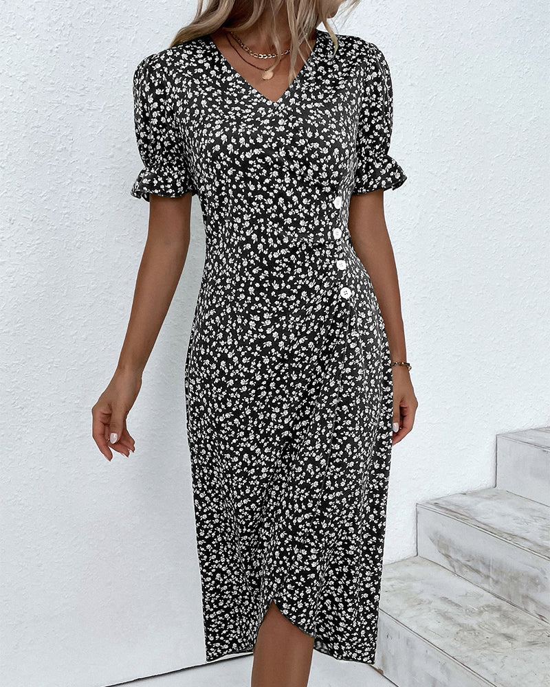 Women's Dress - Fresh Bloom V-Neck Dress in Red