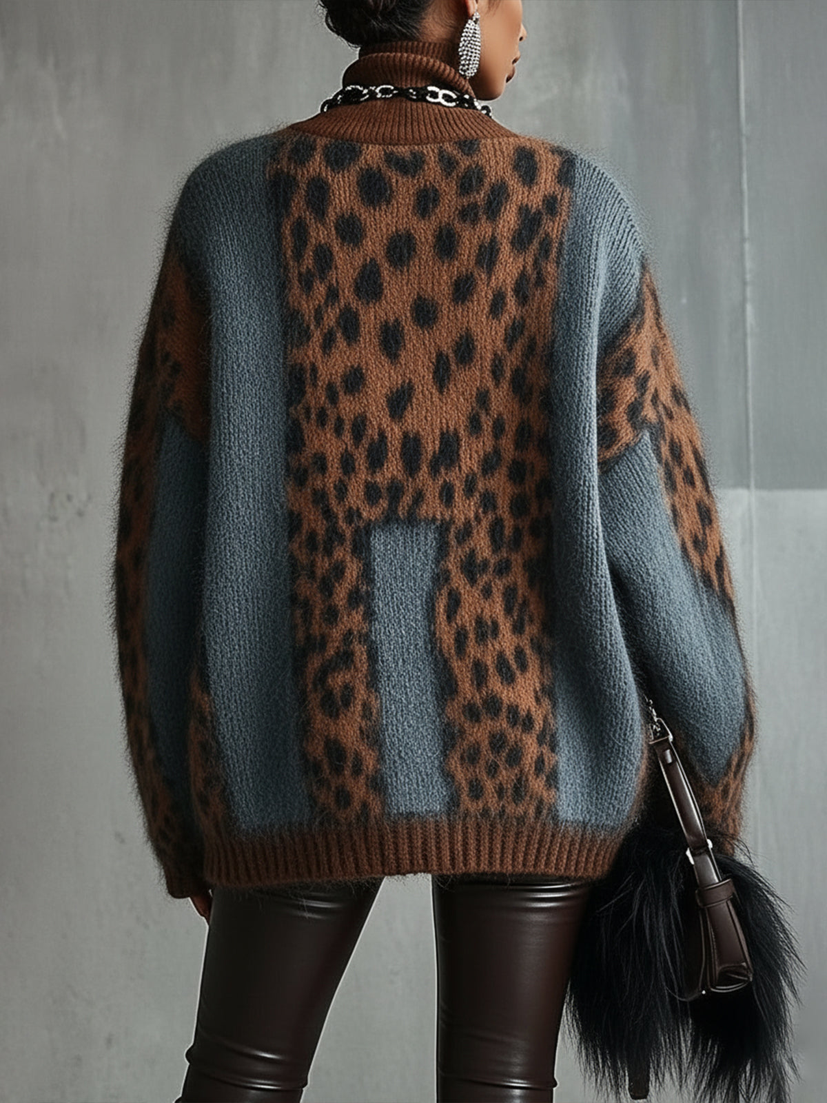 Oversized leopard print roll neck jumper in Leopard Brown-Blue