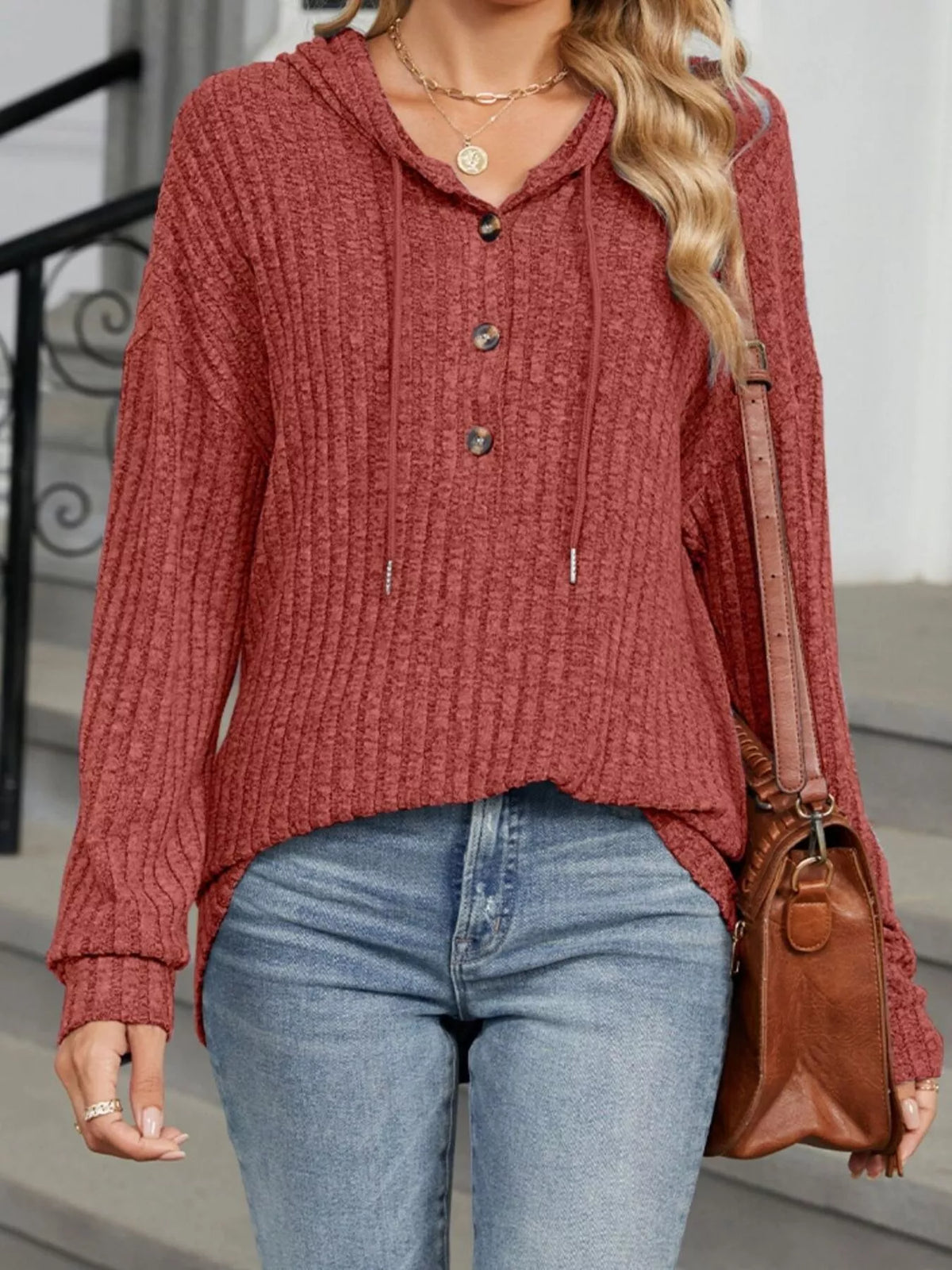 Women's ribbed knit hoodie in Red