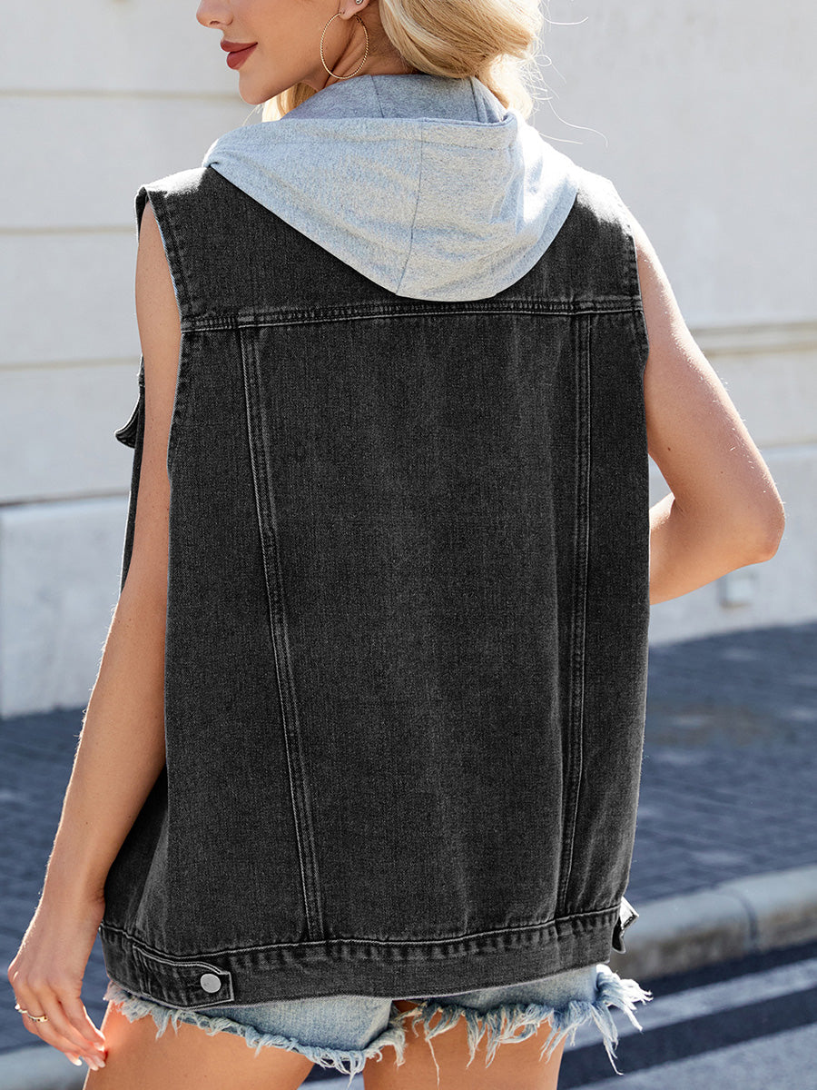 Sleeveless denim gilet with a detachable hood and chest pockets