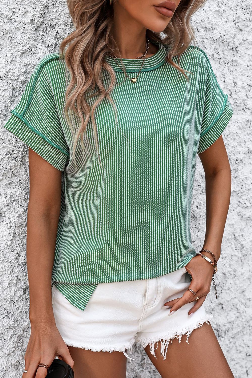 Women's ribbed short sleeve top in Green