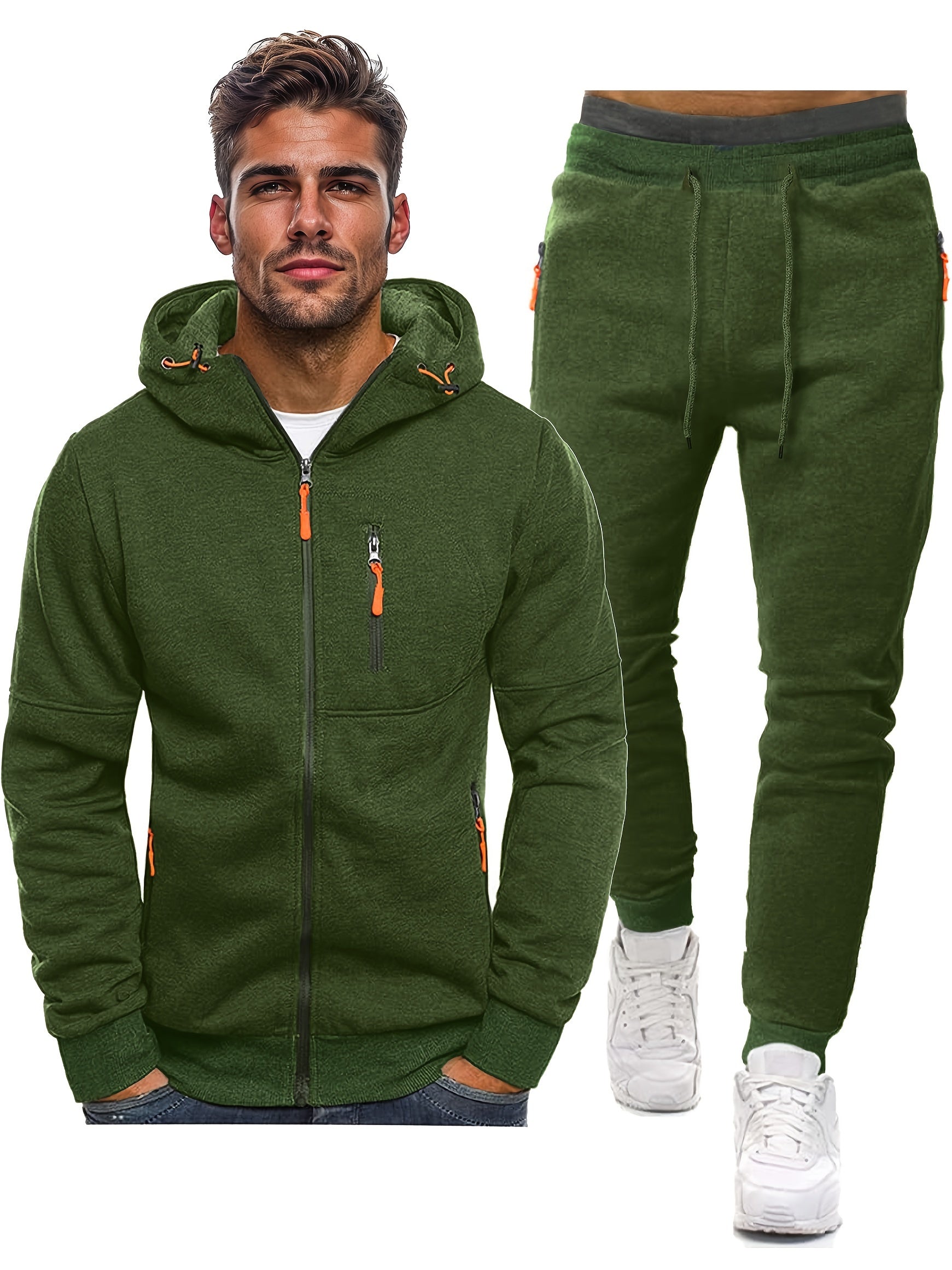 Men's Warm Winter Tracksuit - Fleece-Lined Hooded Co-Ord Set in Green — back view
