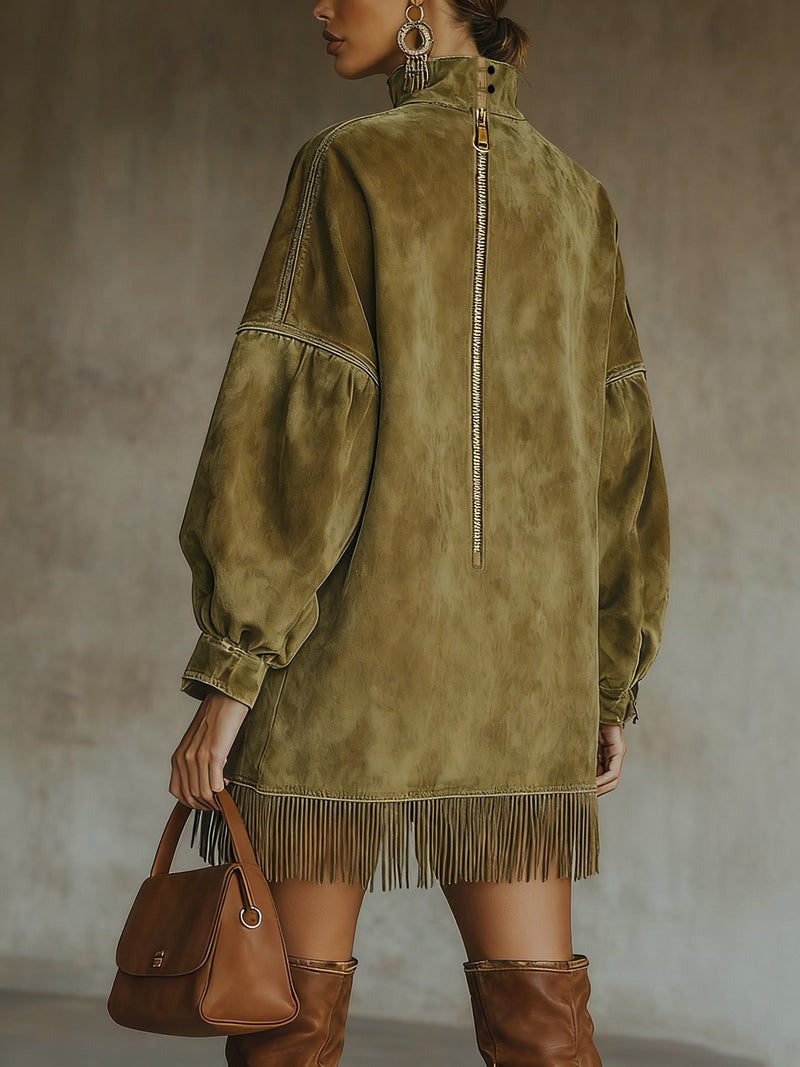 Oversized faux suede dress with fringed hem - detail