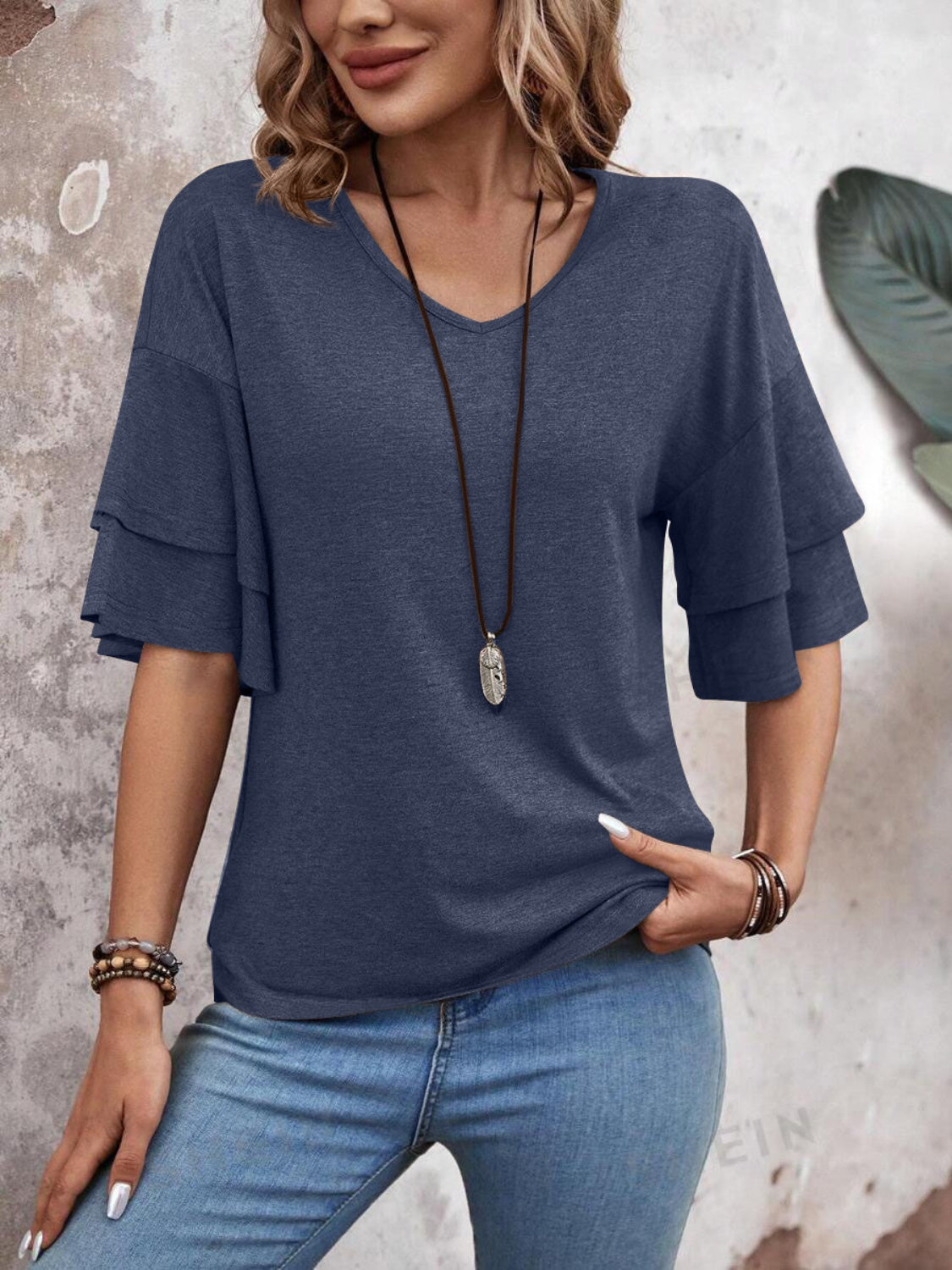 Women's layered flutter sleeve blouse in Indigo