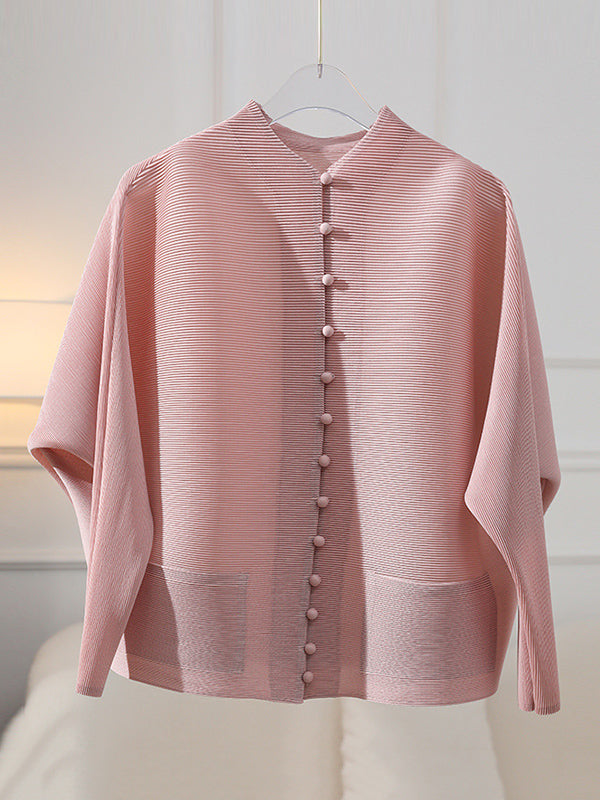 Pleated jacket with a stand collar, covered buttons and wide sleeves in light pink