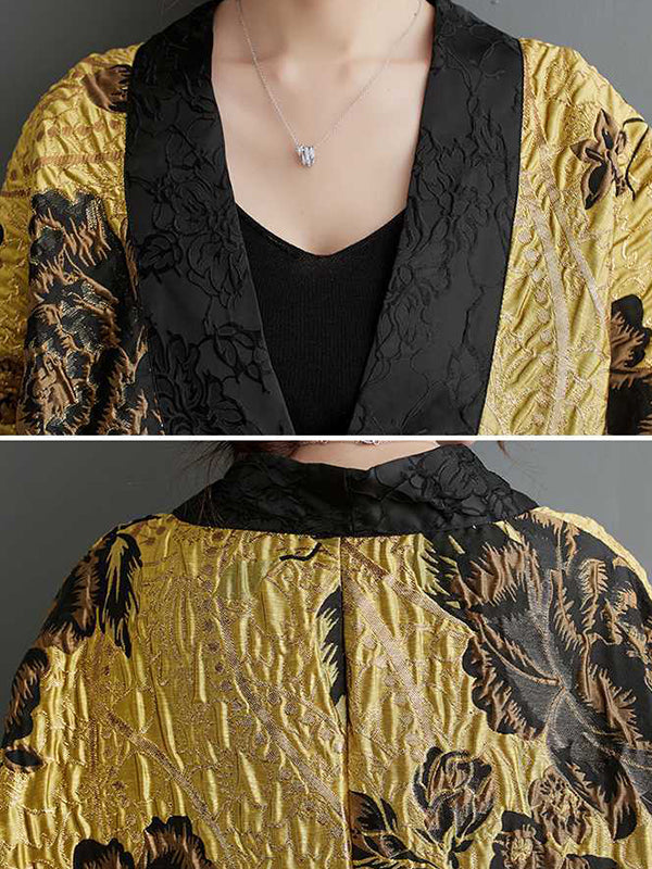 Gold brocade jacket with raised black flowers and batwing sleeves