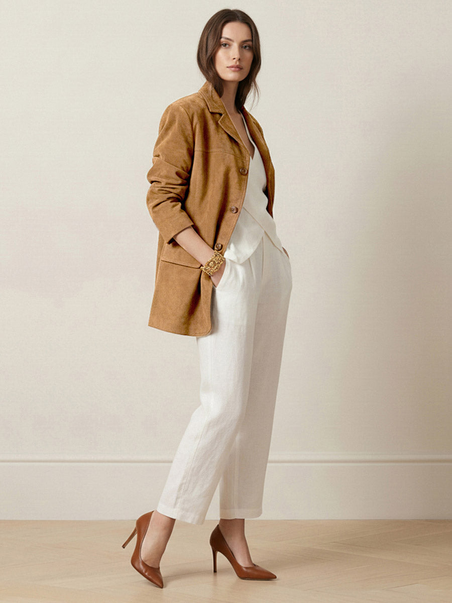 Tan suede-look blazer with a notch lapel and two flap pockets