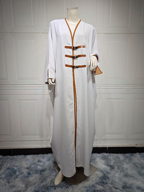 Floor-length open abaya with a contrast facing and gold-tone clasps