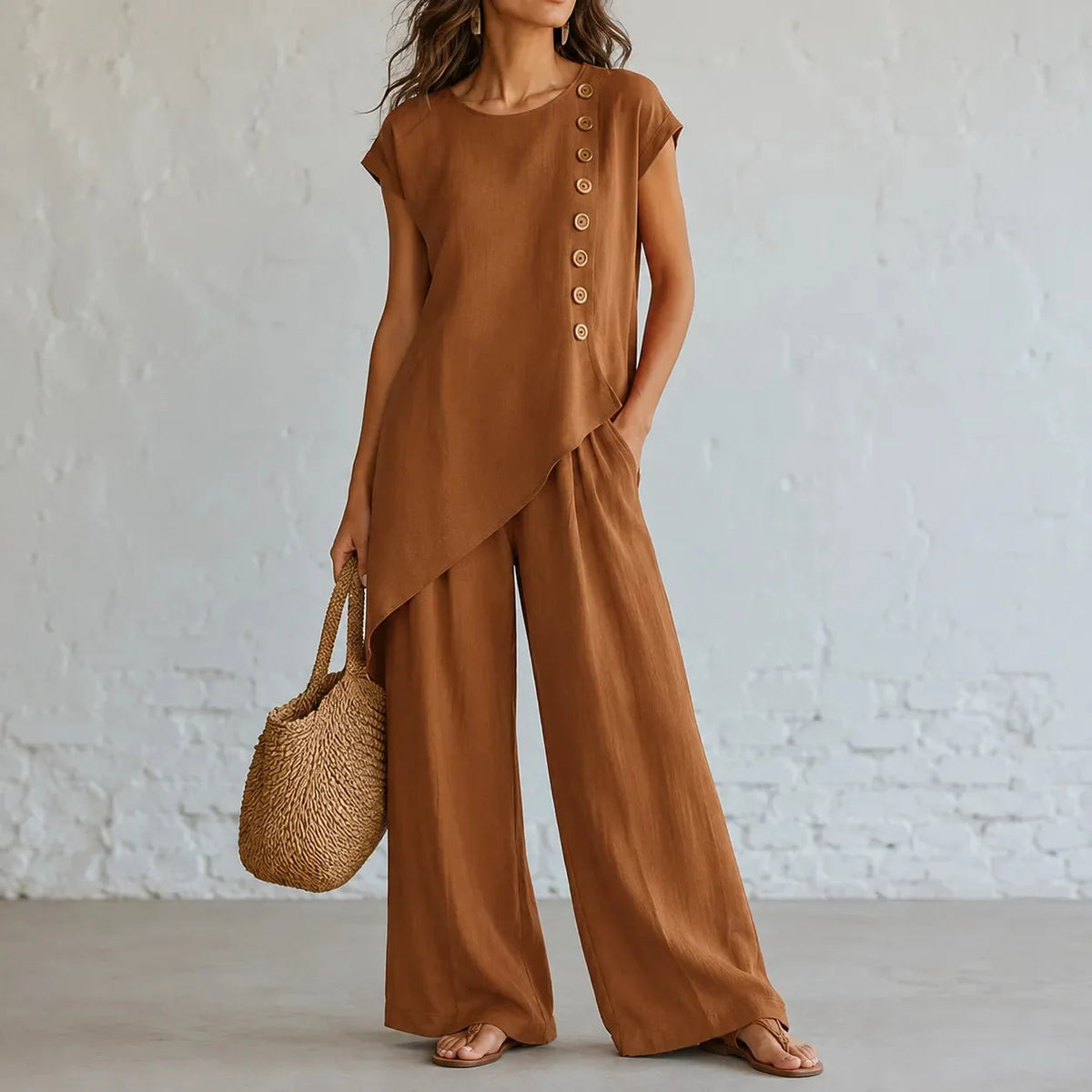 Women's two-piece set with asymmetric hem in Cognac Brown