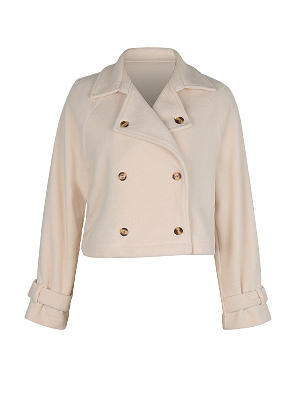 Cream cropped fleece jacket with a wide lapel and two rows of buttons