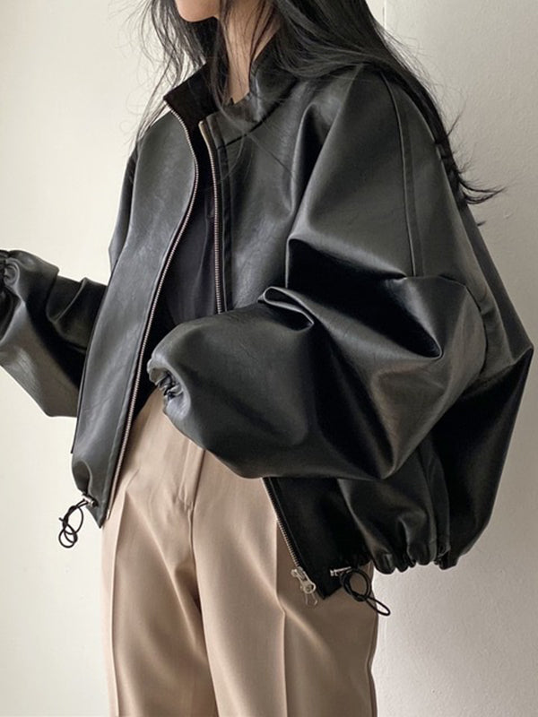 Oversized faux leather bomber jacket with a stand collar and drawstring hem