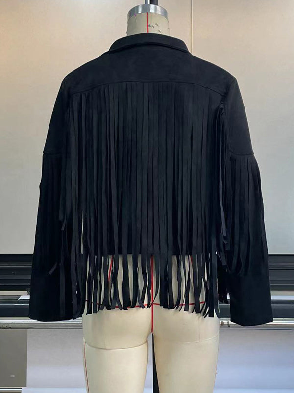 Short fringed jacket with a notch lapel and open front