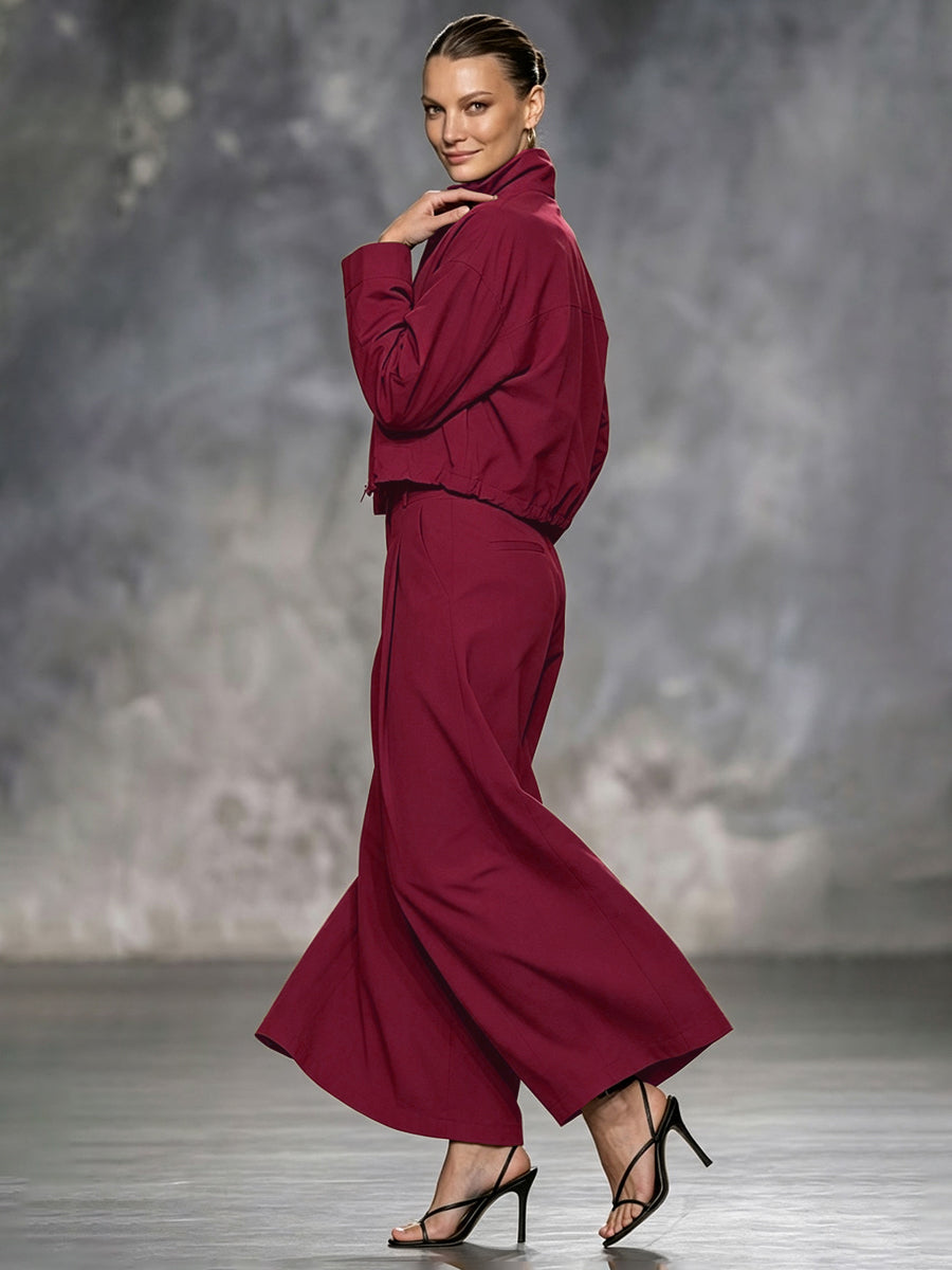 Cropped jacket with a stand collar, zip front and wide sleeves