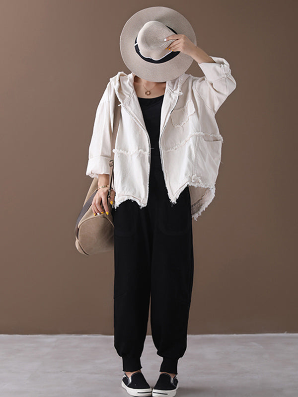 Oversized hooded jacket in washed cotton with frayed seams