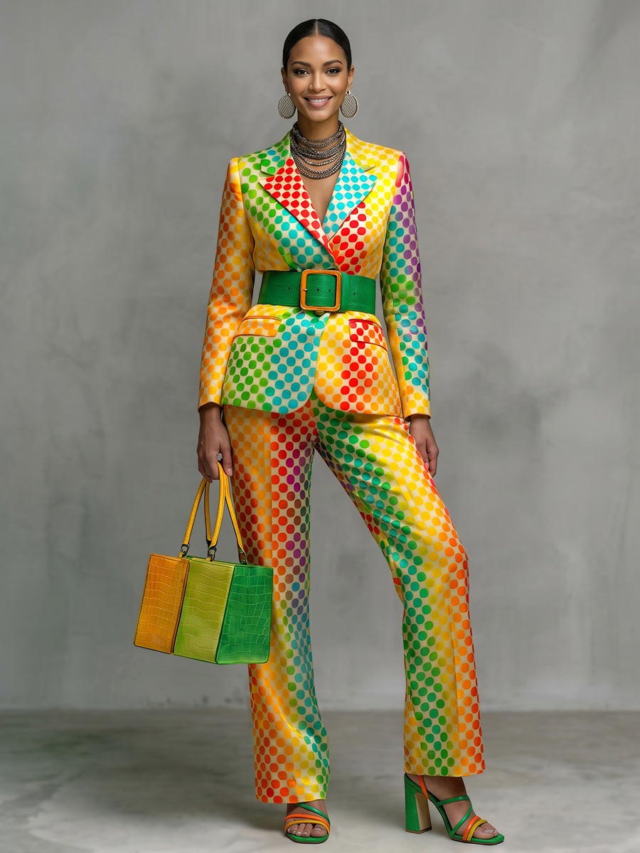 Blazer covered in rainbow polka dots with a notch lapel