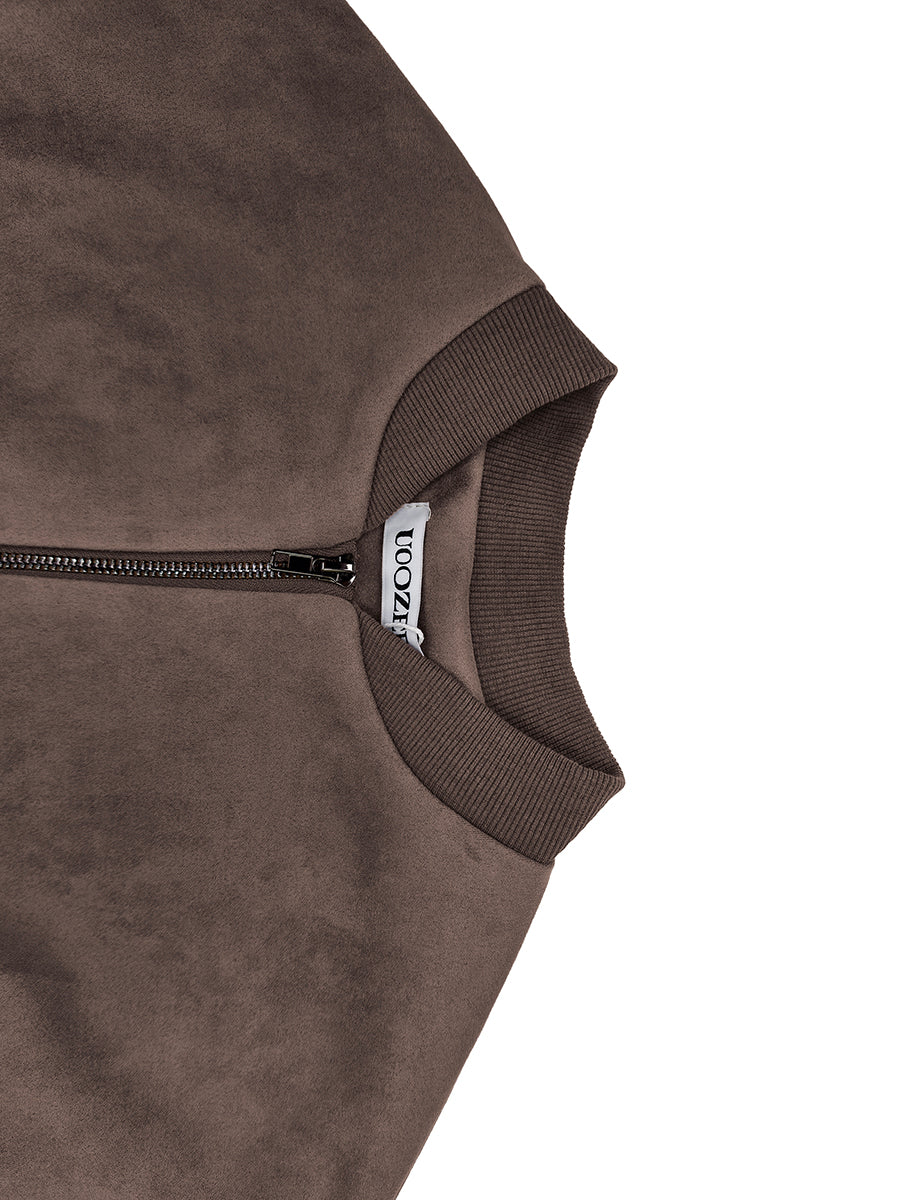 Cropped bomber jacket in soft coffee suede-look cloth