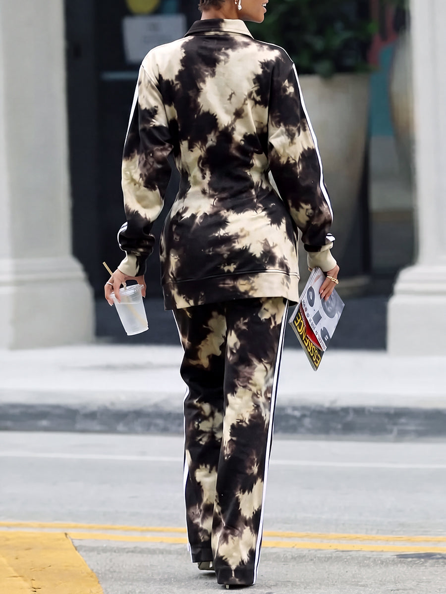 Tie-dye cardigan in black and cream with striped sleeves
