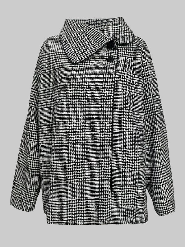 Houndstooth check jacket with an asymmetric front and fold-over collar