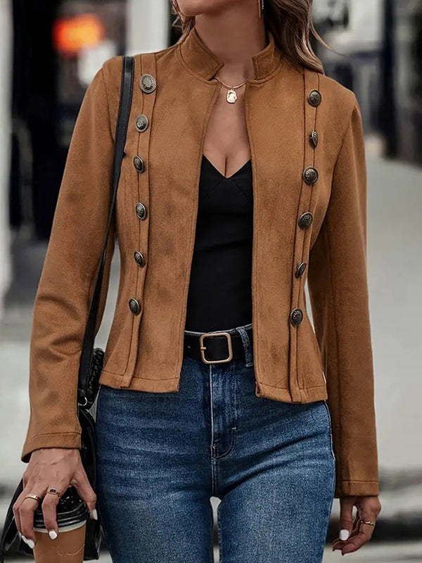Short suede-look jacket with two rows of small buttons and a round neckline
