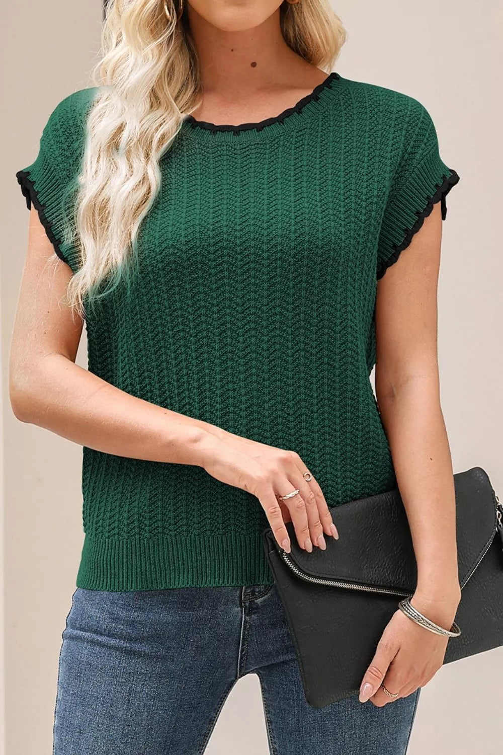 Women's textured cotton knitted vest in Dark Green