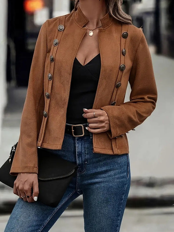 Short suede-look jacket with two rows of small buttons and a round neckline