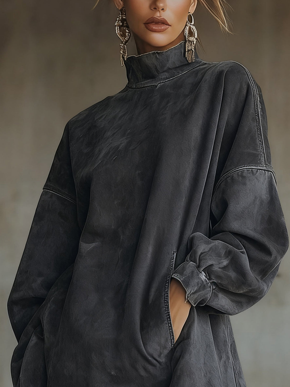 Oversized faux suede dress with fringed hem - detail
