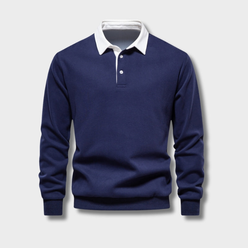 Men's rugby polo sweatshirt with contrast collar, front view