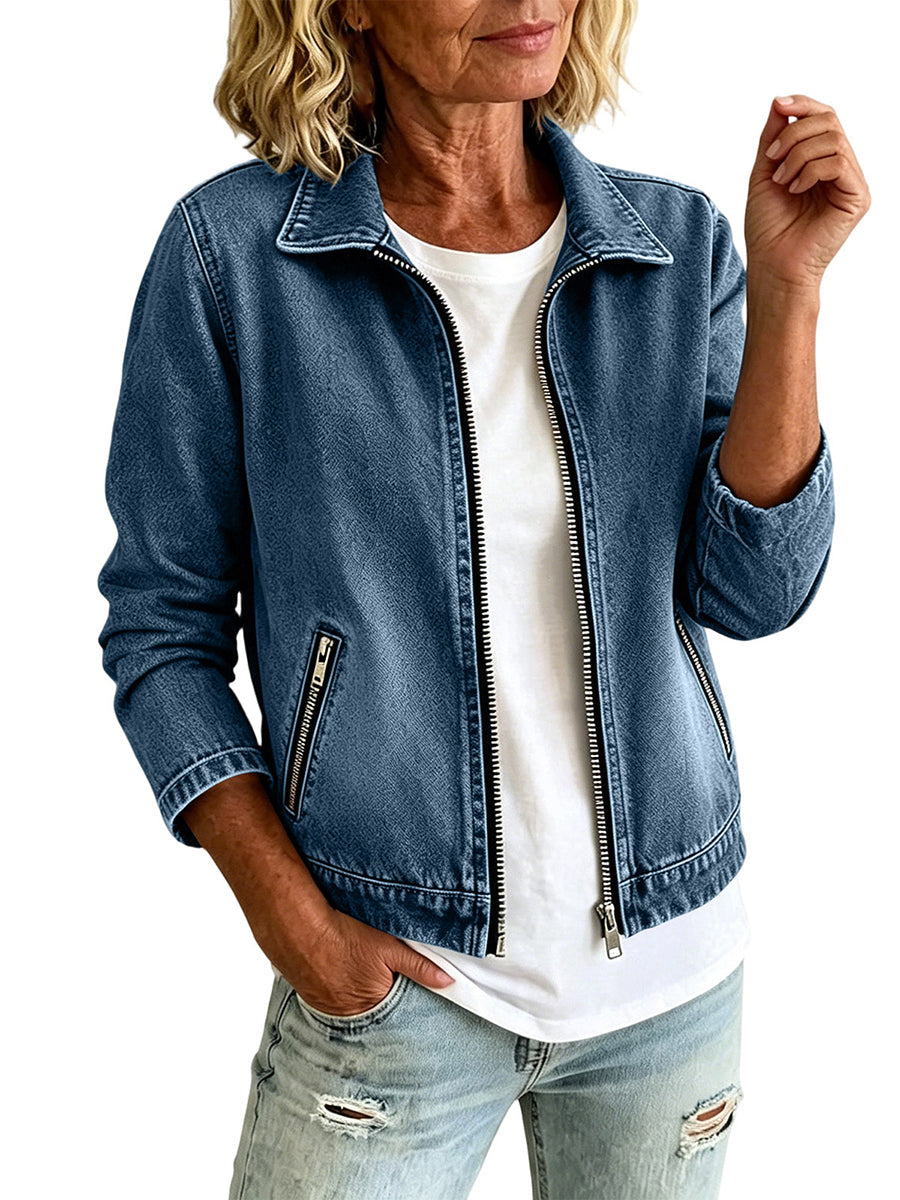 Denim jacket with a zip front and slanted zip pockets in dark wash
