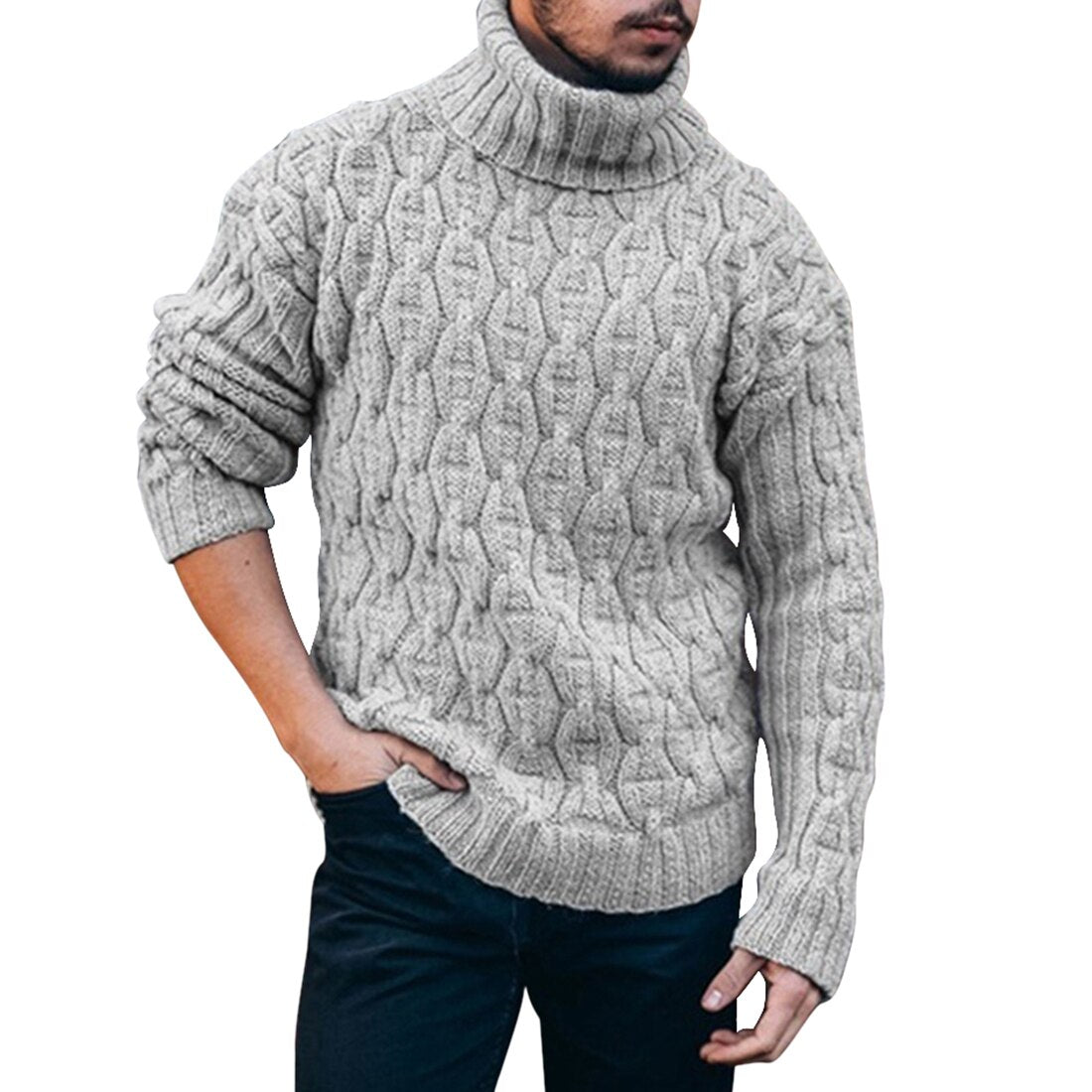 Men's roll neck jumper in chunky cable knit, front view