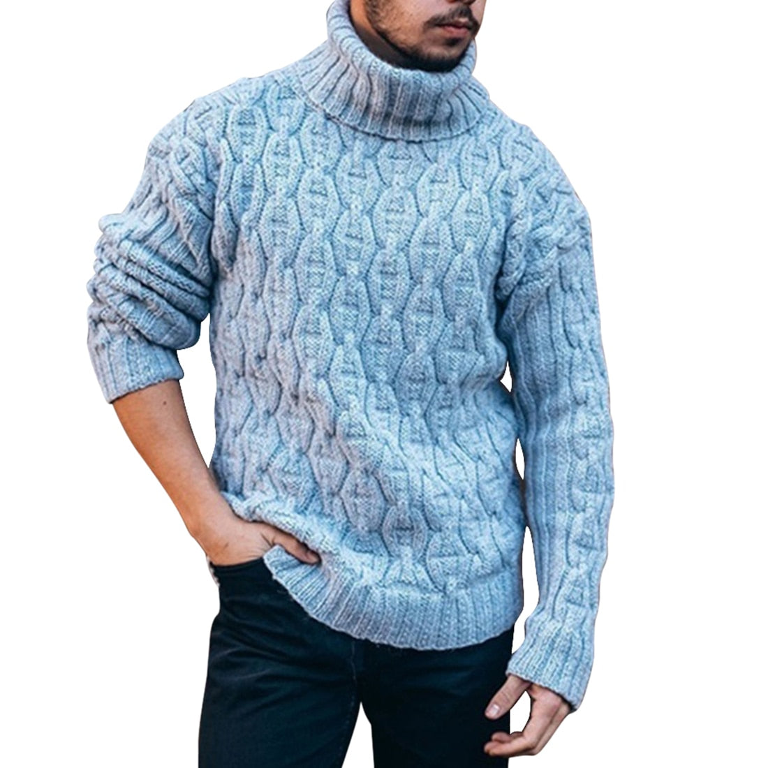 Men's roll neck jumper in heavy cable knit, full length