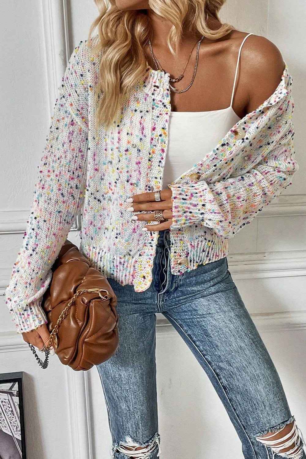 Women's speckled knit cardigan - detail
