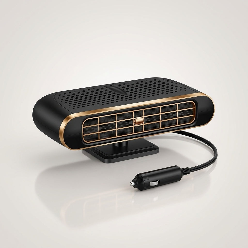Wide 12V car heater on the dashboard blowing warm air at the windscreen - black and gold