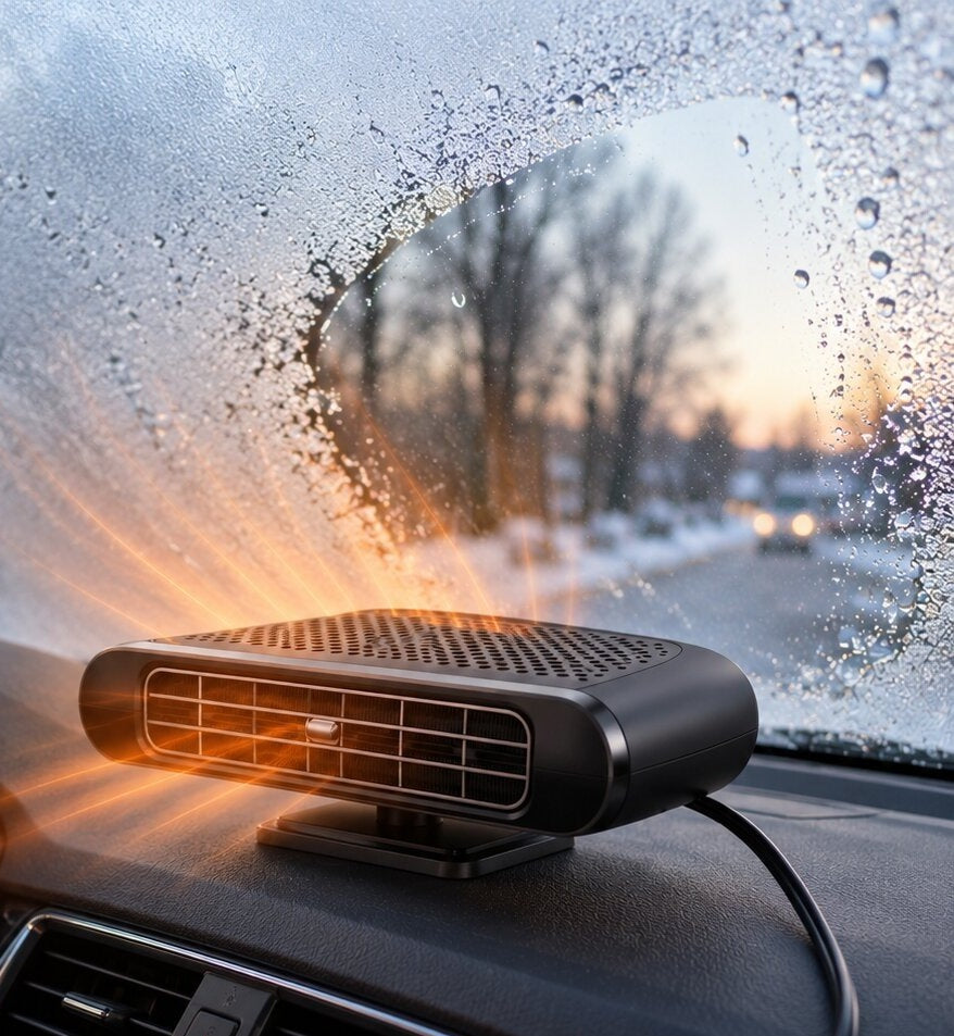 Wide 12V car heater on the dashboard blowing warm air at the windscreen - view 2