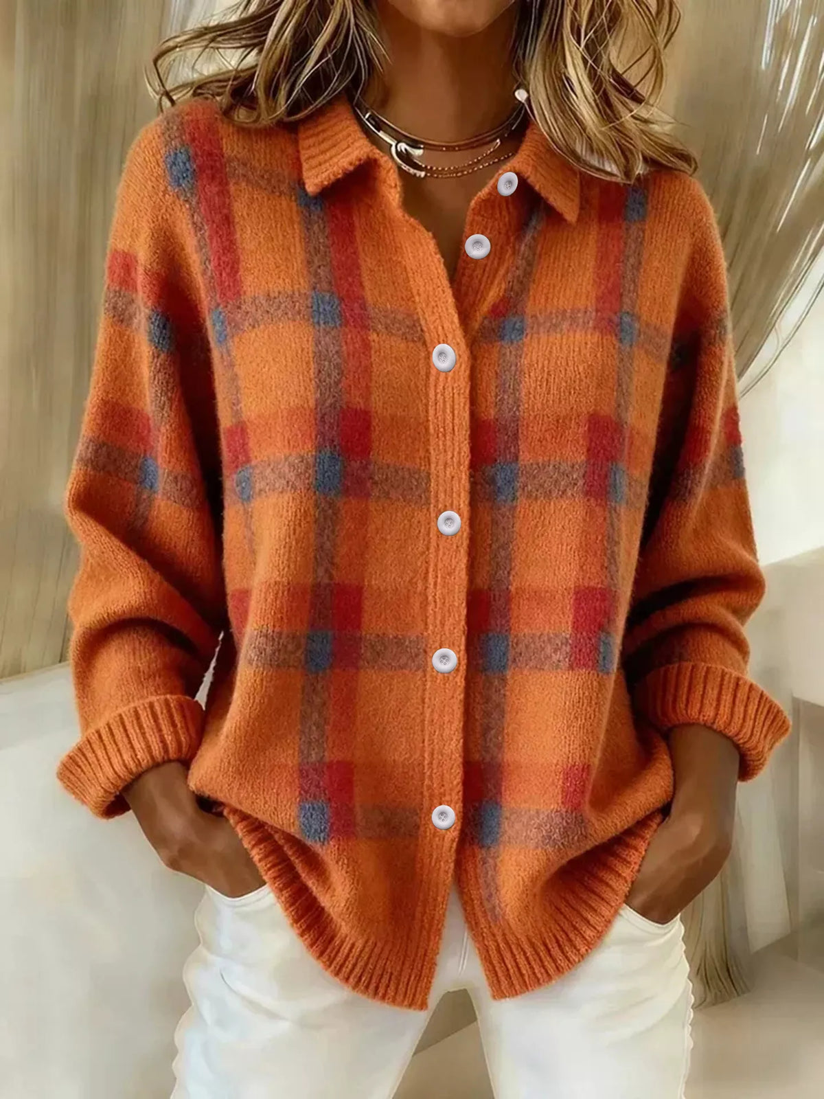 Women's check knit cardigan in Orange