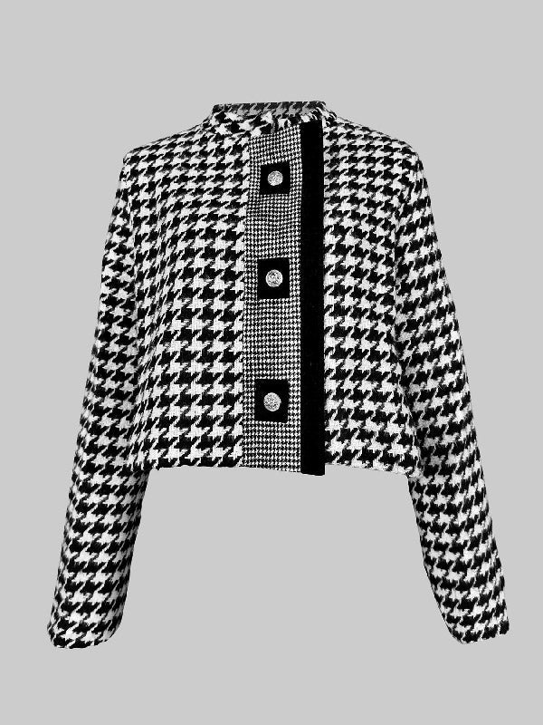 Cropped black and white houndstooth jacket with a stand collar