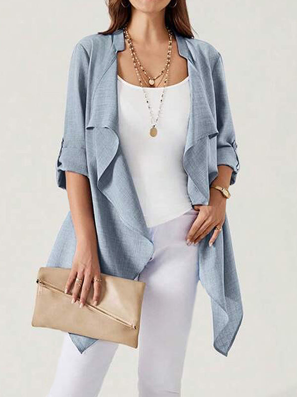 Light chambray-blue draped jacket with an open front and pointed hem in chambray blue