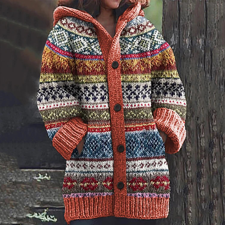 Women's chunky knit hooded cardigan in Rust