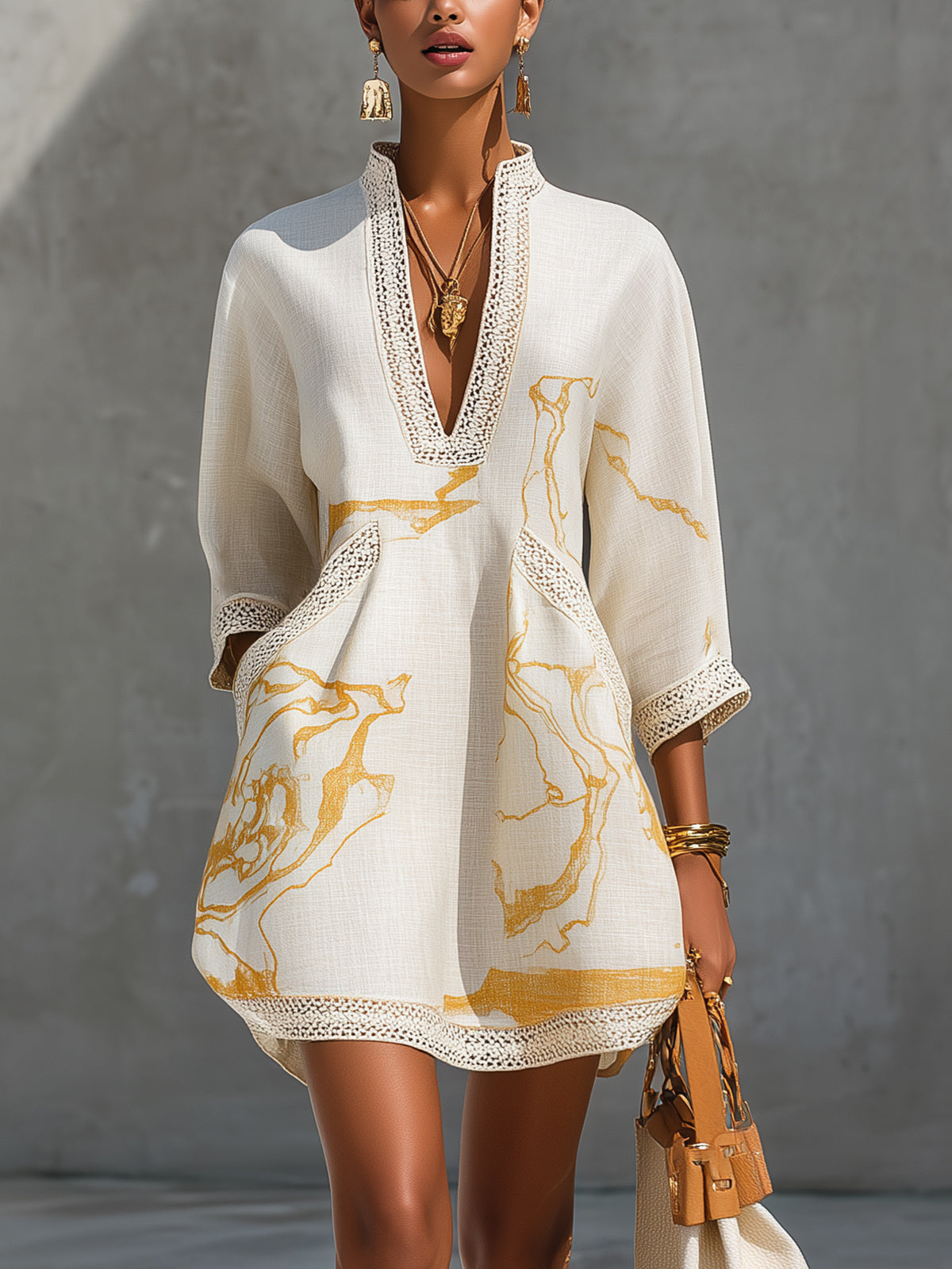 Printed tunic mini dress with crochet trim in Ivory