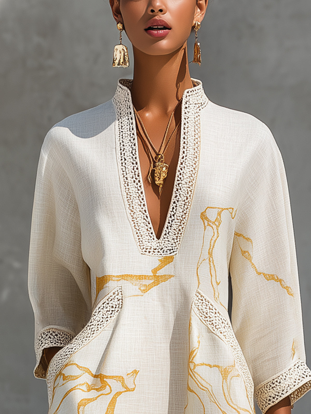 Printed tunic mini dress with crochet trim - detail