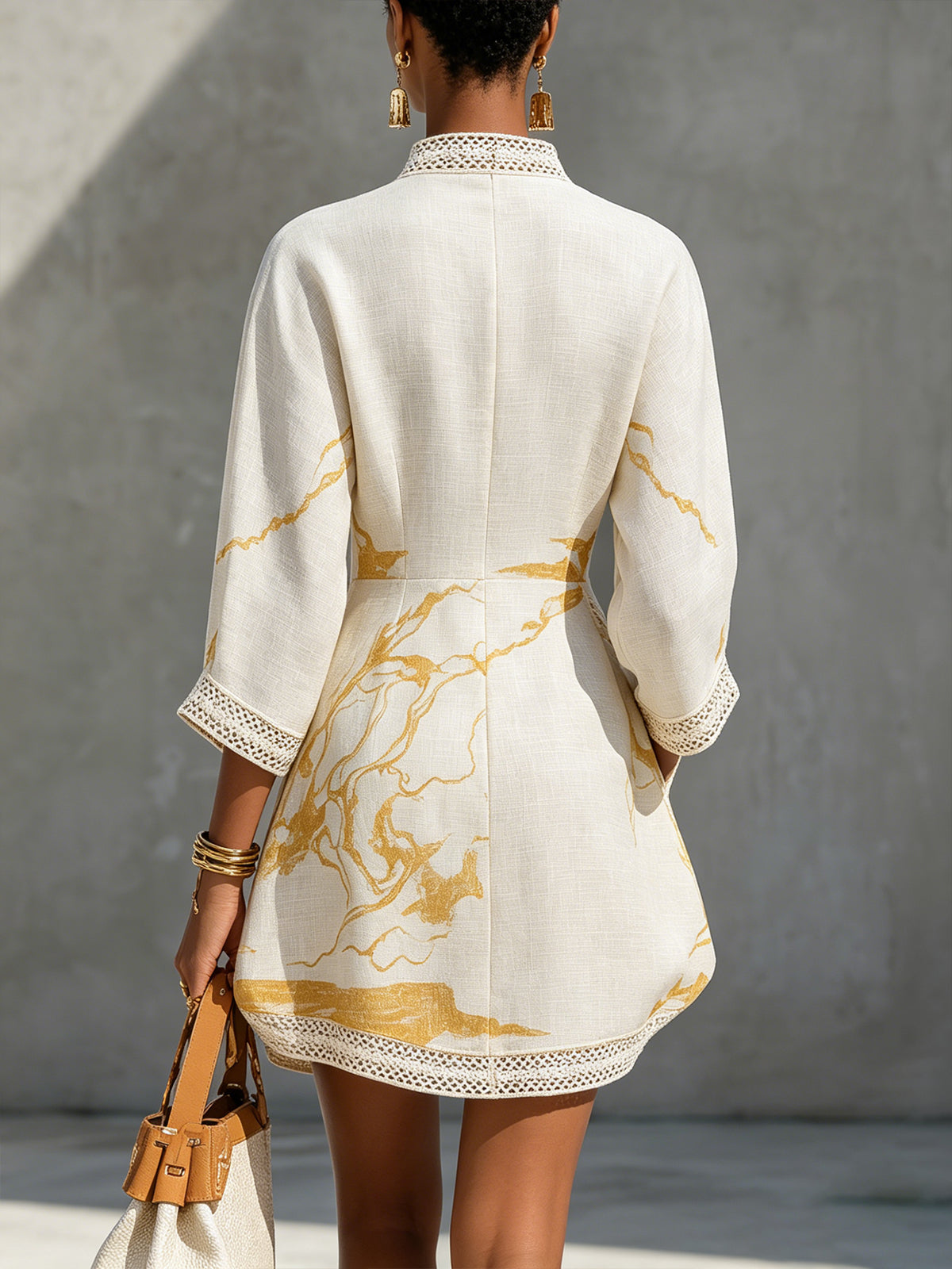 Printed tunic mini dress with crochet trim - detail