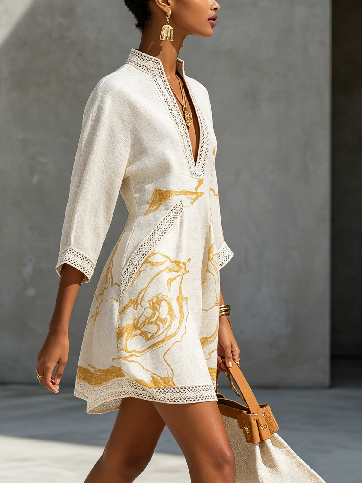 Printed tunic mini dress with crochet trim - detail