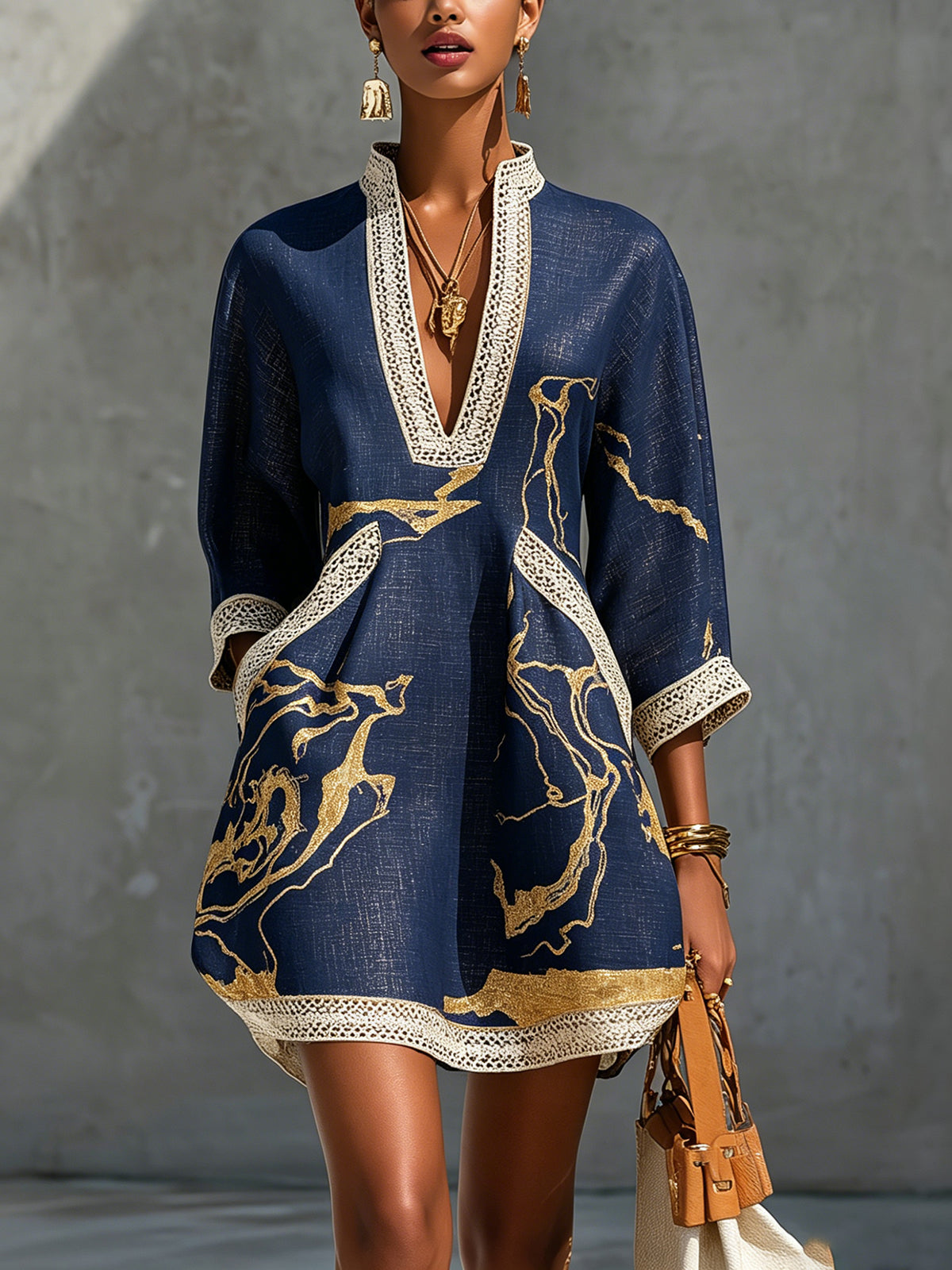 Printed tunic mini dress with crochet trim in Navy