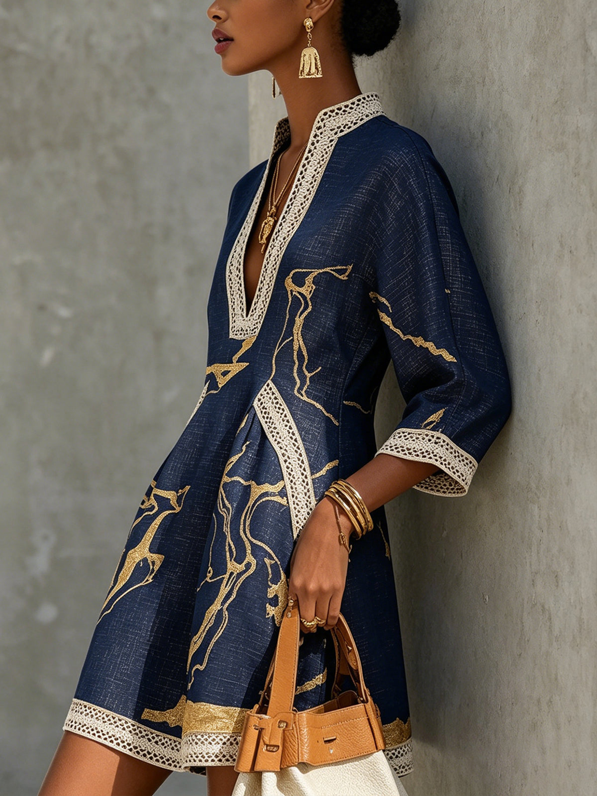 Printed tunic mini dress with crochet trim - detail