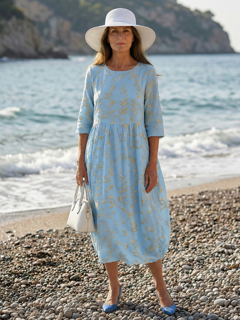Women's Embroidered Botanical Midi Dress Shoreline Garden – Saint Dor UK – front view