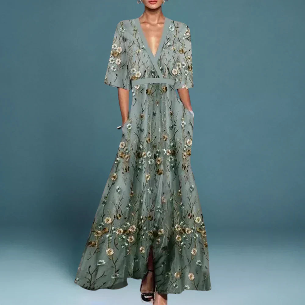 Women's Dress - Elegant Maxi Dress with Floral Pattern