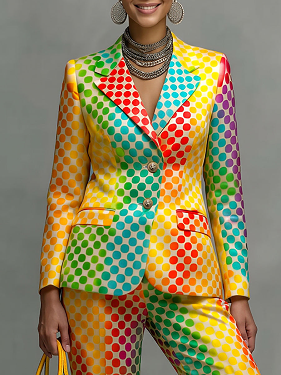 Blazer covered in rainbow polka dots with a notch lapel in rainbow dot