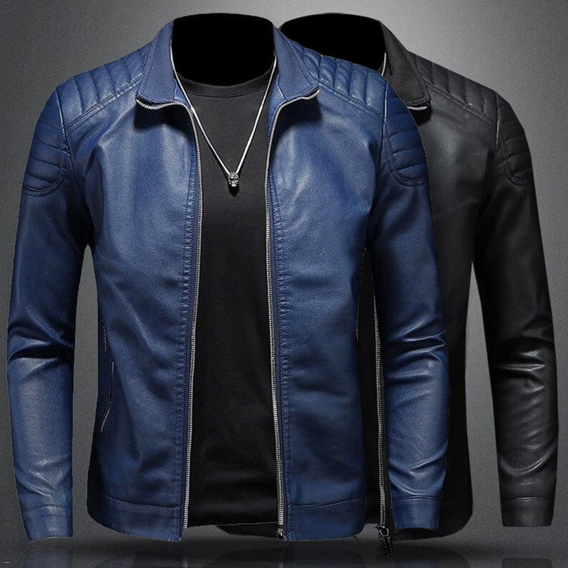 Men's Ribbed Shoulder Open Collar Leather Jacket – Saint Dor UK – lifestyle shot