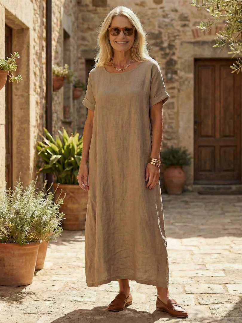Women's Linen Midi Day Dress with Rolled Cuffs – Saint Dor UK – front view