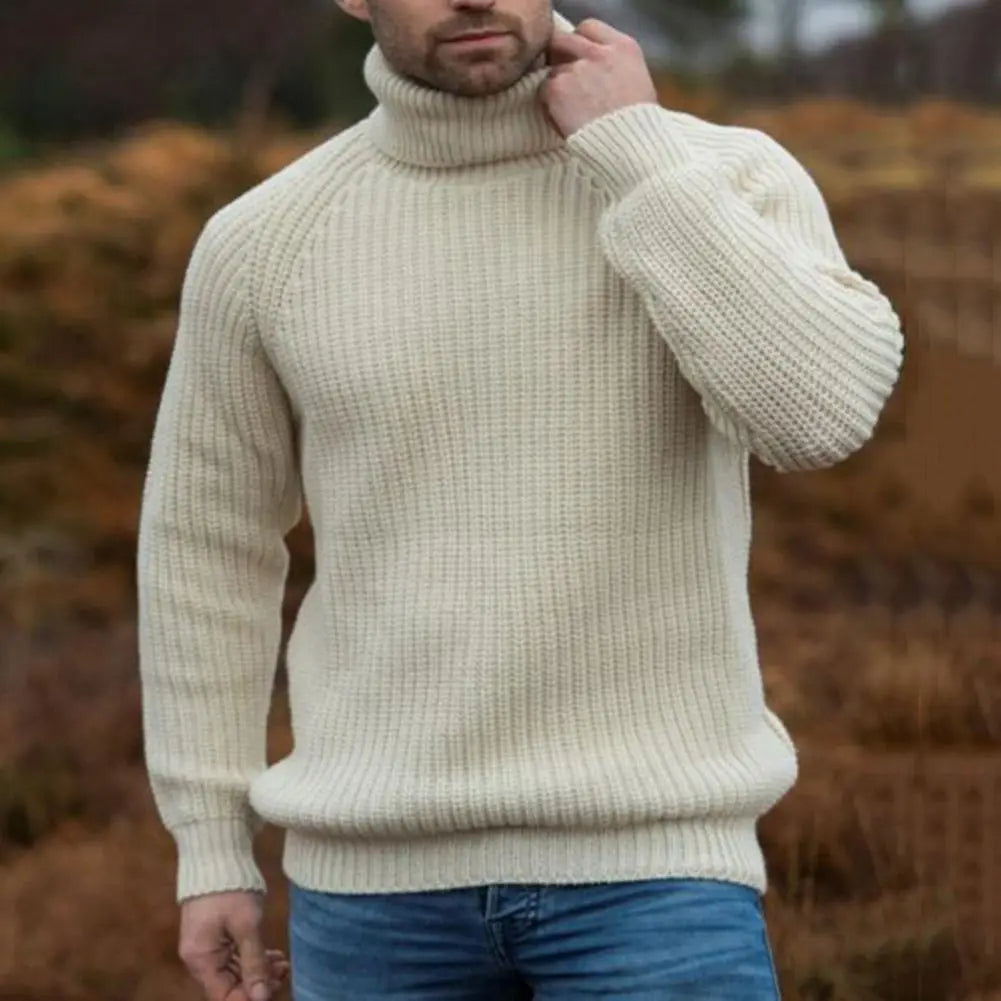 Men's ribbed roll neck jumper in ecru in Ecru